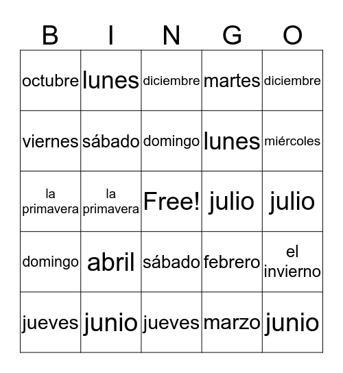 Meses Bingo Card