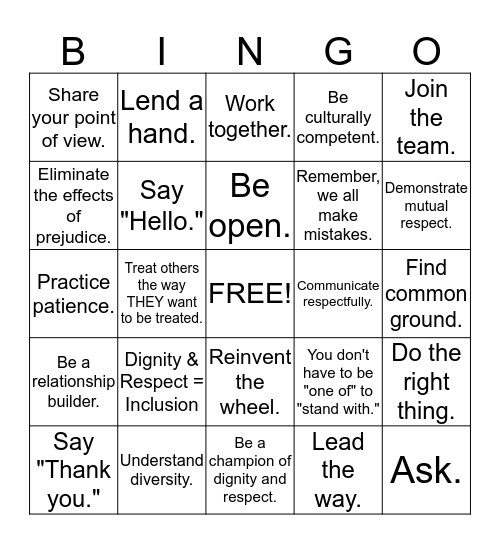 Dignity & Respect Bingo Card