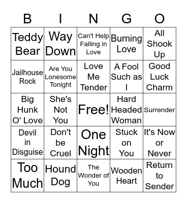 Elvis' Songs Bingo Card