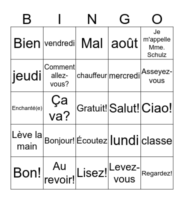 La Rentrée-first week of school, Fr 1 Bingo Card