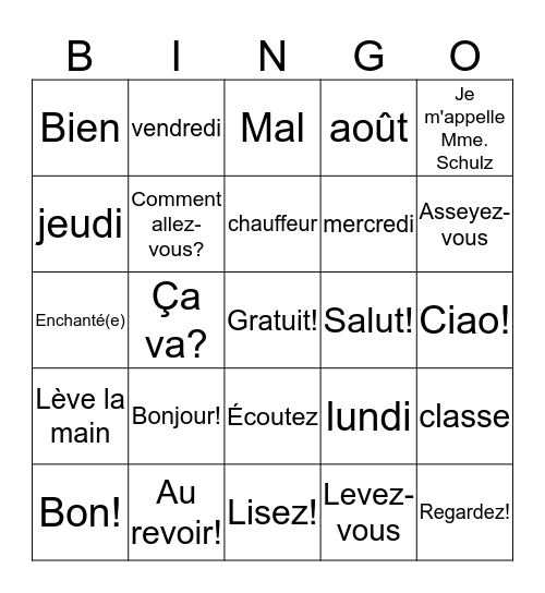 La Rentrée-first week of school, Fr 1 Bingo Card