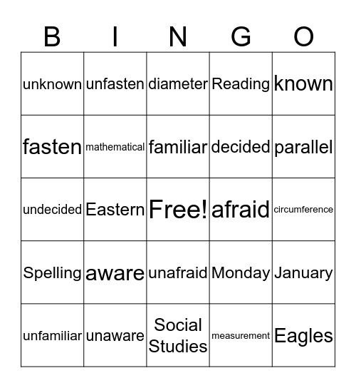 6th grade week 1.1 Bingo Card