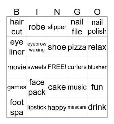 Pamper Bingo Card