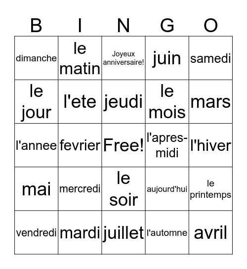 Le calendrier francais Bingo Card