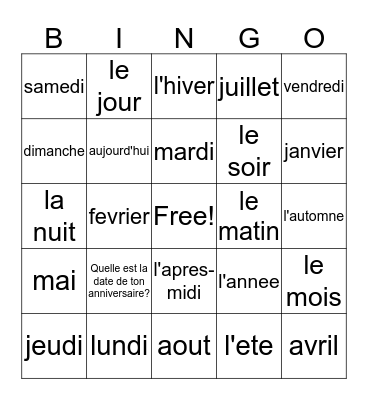 LE CALENDRIER FRANCAIS Bingo Card