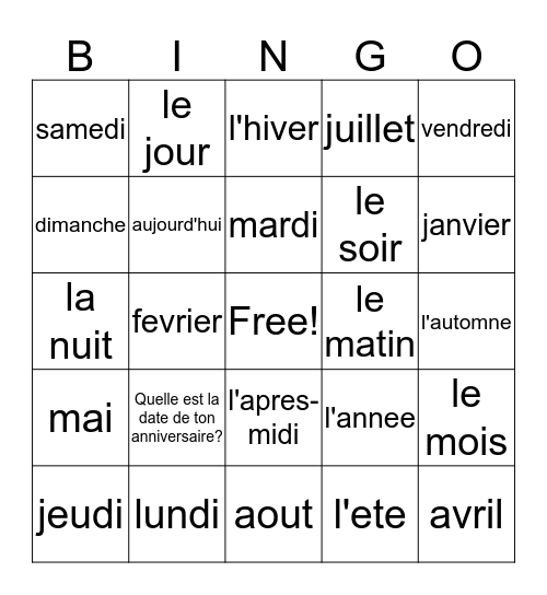 LE CALENDRIER FRANCAIS Bingo Card