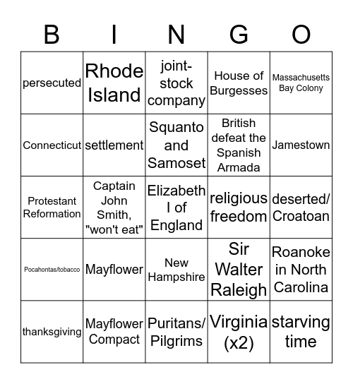 Early Colonies Bingo Card