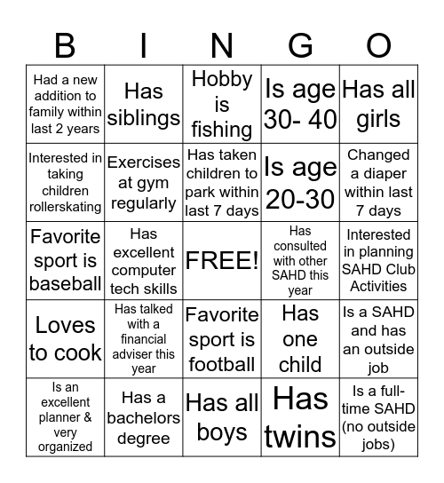 STAY AT HOME DADS Bingo Card