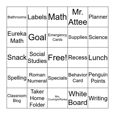 First Day Bingo Card