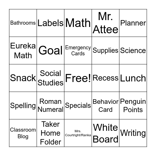 First Day Bingo Card