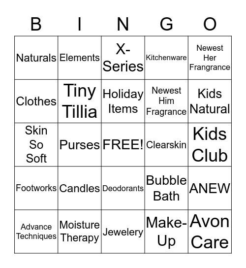 AVON BINGO!! Bingo Card