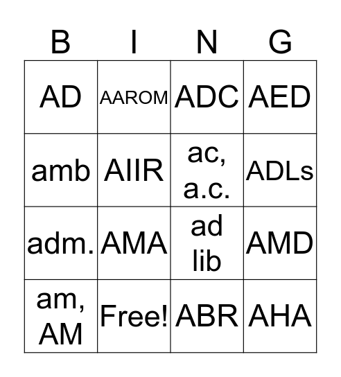 Abbreviations List 1  Bingo Card