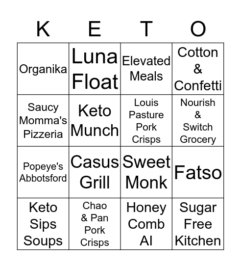 Keto Valley Fest Vendors Bingo Card