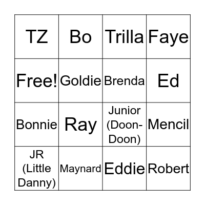 Roach Family Bingo Card