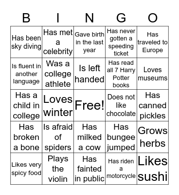 BINGO To Meet You! Bingo Card