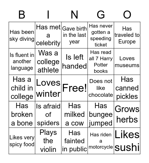 BINGO To Meet You! Bingo Card