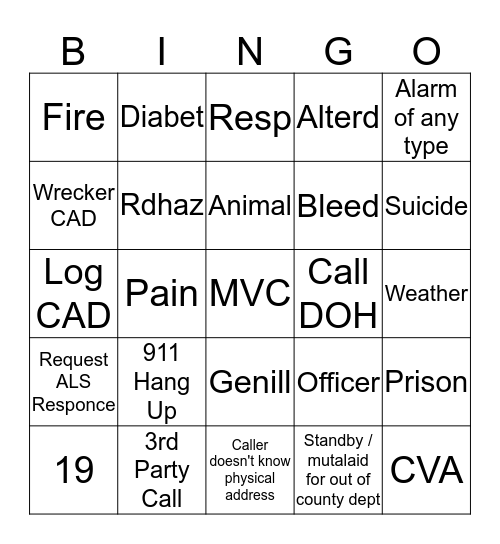Dispatcher Bingo  October - November Bingo Card