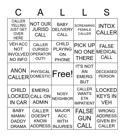 911 DISPATCH Bingo Card