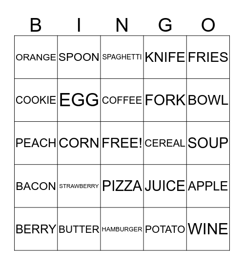 ASL FOOD Bingo Card