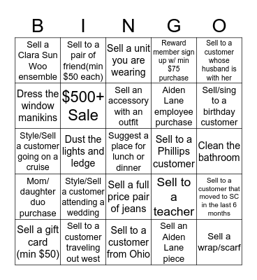 AIDEN LANE BINGO Card