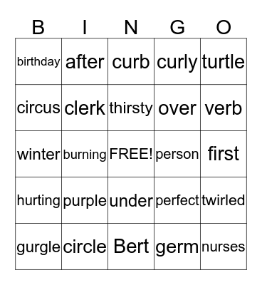 Bingo Words with er, ir, ur Bingo Card