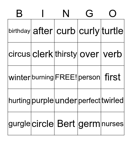 Bingo Words with er, ir, ur Bingo Card