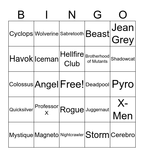 F.L.O.A.B. X-men September 2018 Bingo Card