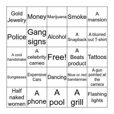Rap Video Bingo Card