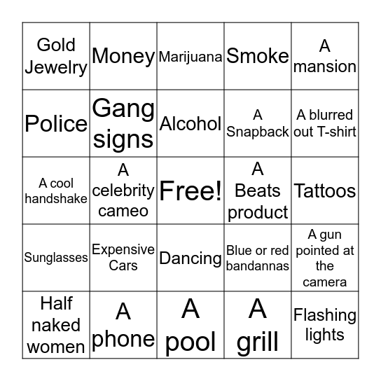 Rap Video Bingo Card