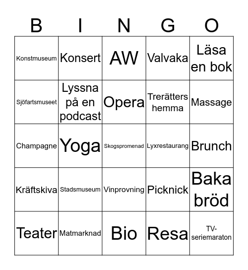 Fritidsbingo Card