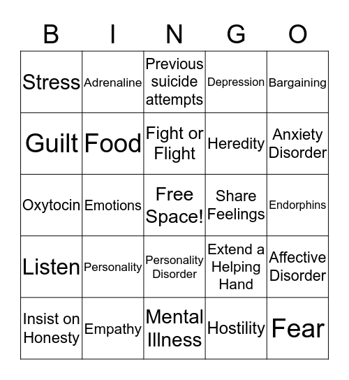 Mental Health Bingo Card