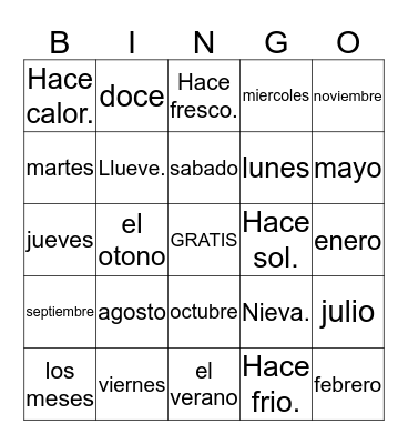Los dias de la semana, los meses, y el tiempo Bingo Card