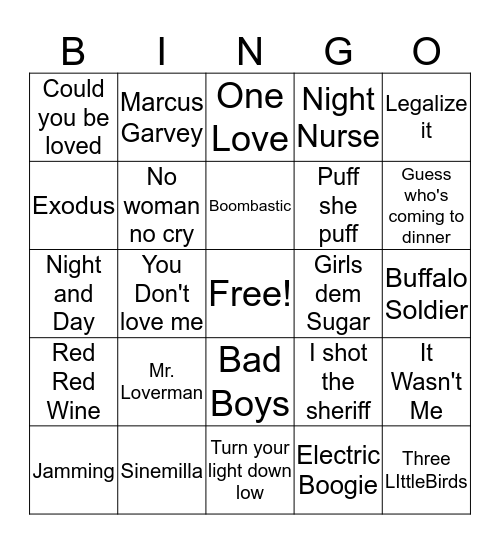 Reggae Bingo Card