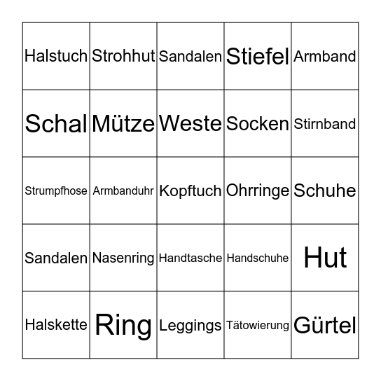 Accessoiren Bingo Card