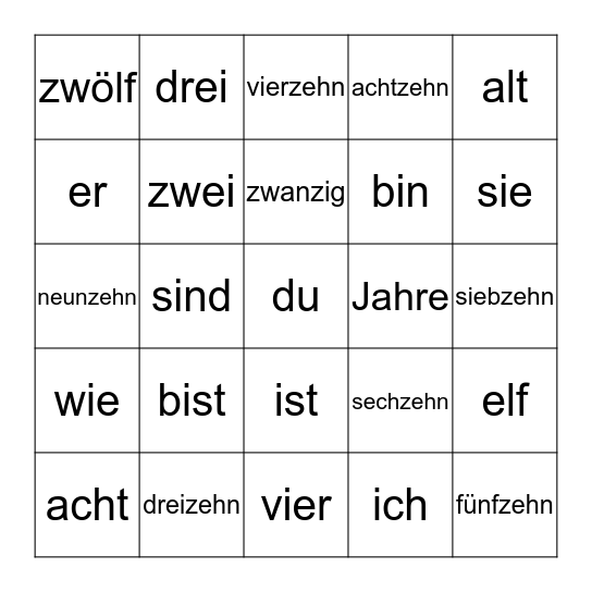 Deutsch: Alter und Zahlen Bingo Card