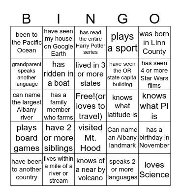 Geography -find different person to sign each square Bingo Card