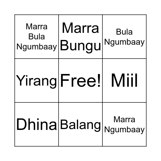 Wiradjuri Words Bingo Card