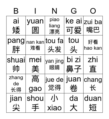 Chinese Adjectives Bingo Card