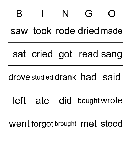 irregular verbs past tense bingo Card