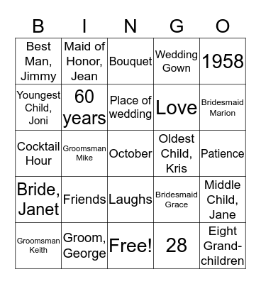 George and Janet's 60th Anniversary Bingo Card