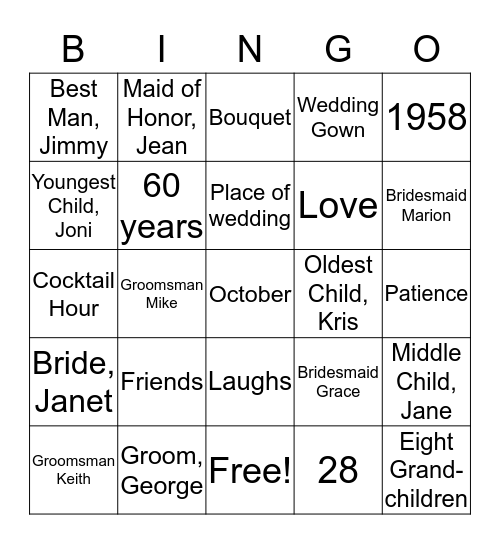 George and Janet's 60th Anniversary Bingo Card