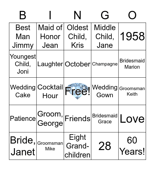 George and Janet's 60th Anniversary Bingo Card