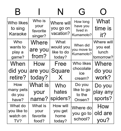 English Question Bingo  Bingo Card