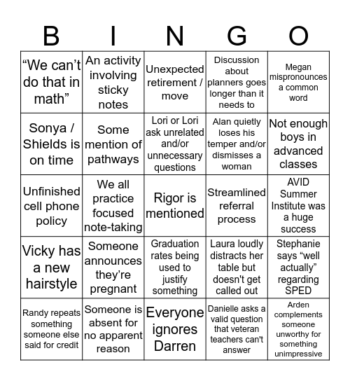 Fall Inservice Bingo Card