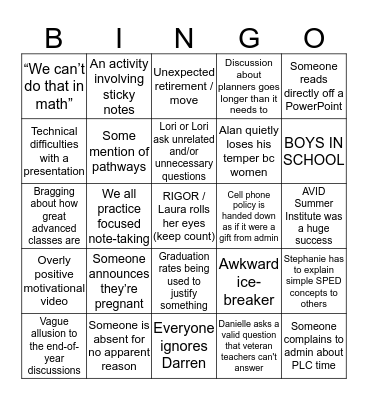 Fall Inservice Bingo Card