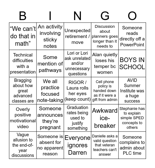 Fall Inservice Bingo Card