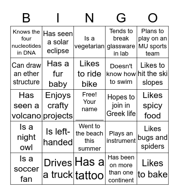 MU Chemistry Bingo- write in names Bingo Card