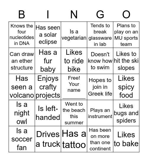 MU Chemistry Bingo- write in names Bingo Card