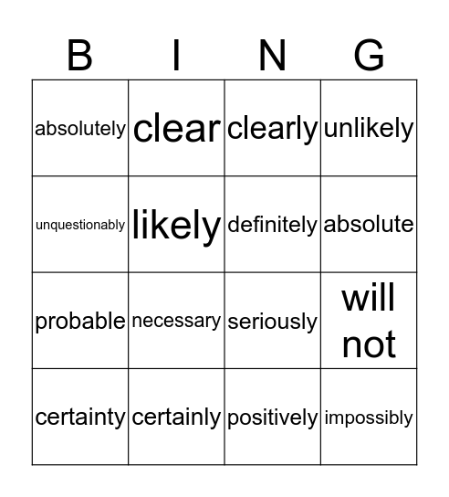 High Modality Words Bingo Card