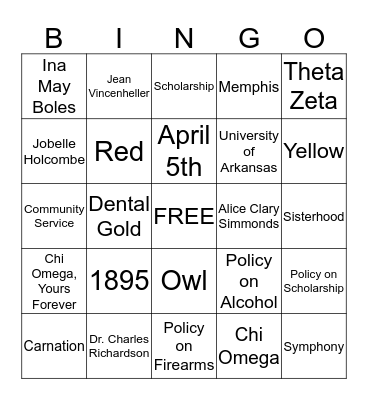 Chi Omega Bingo  Bingo Card